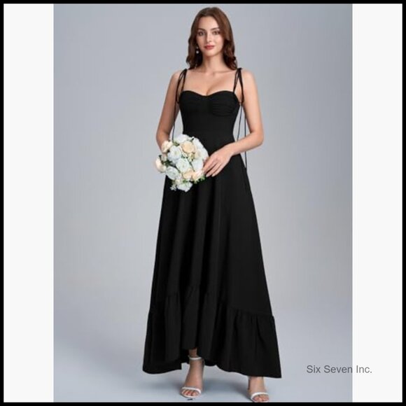 Spaghetti Strap Smocked Back Maxi Dress Flowy A-Line Ruffle Beach Wedding Guest - Picture 3 of 7